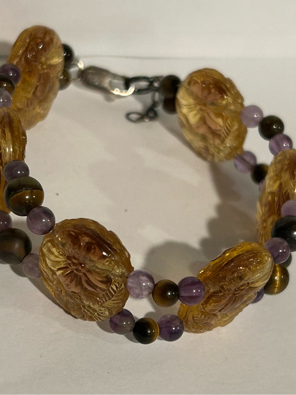 Carved Amber-Tone and Purple Bead Bracelet
